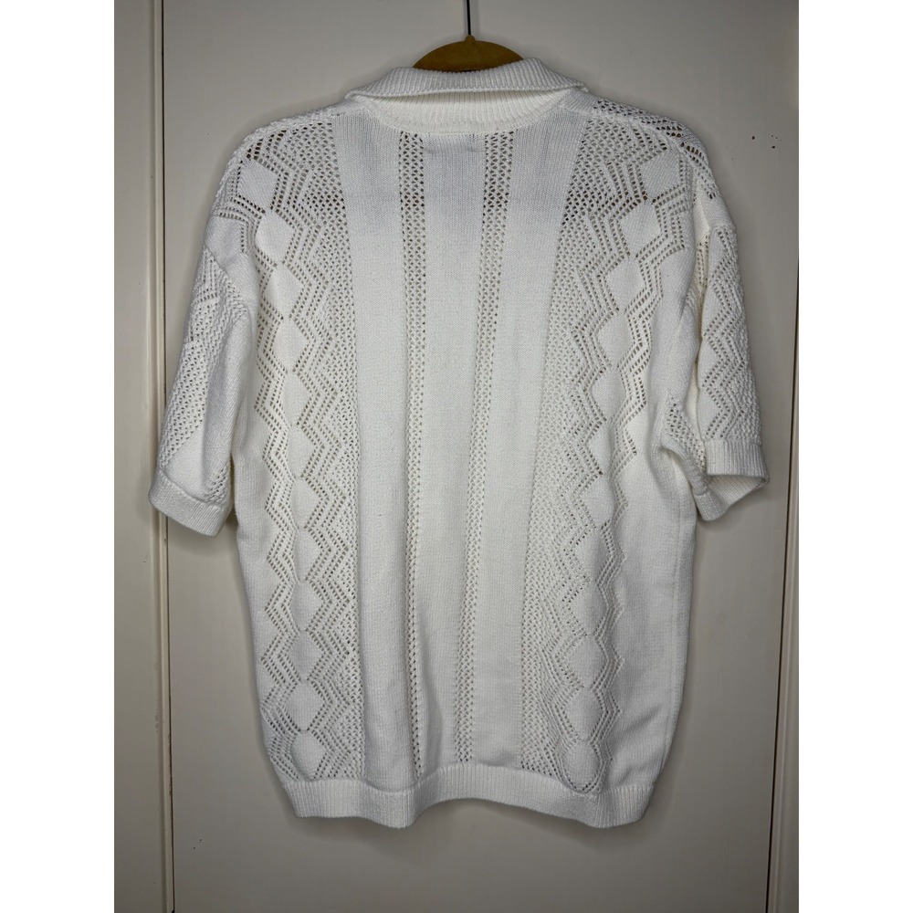 H&M Loose Fit Knit Polo Shirt Mens Small White Pointelle Open Knit Short Sleeve
